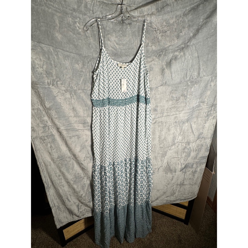 Studio B by Bobeau Tiered Maxi Dress XL Teal White Geometric Boho NEW NWT‎